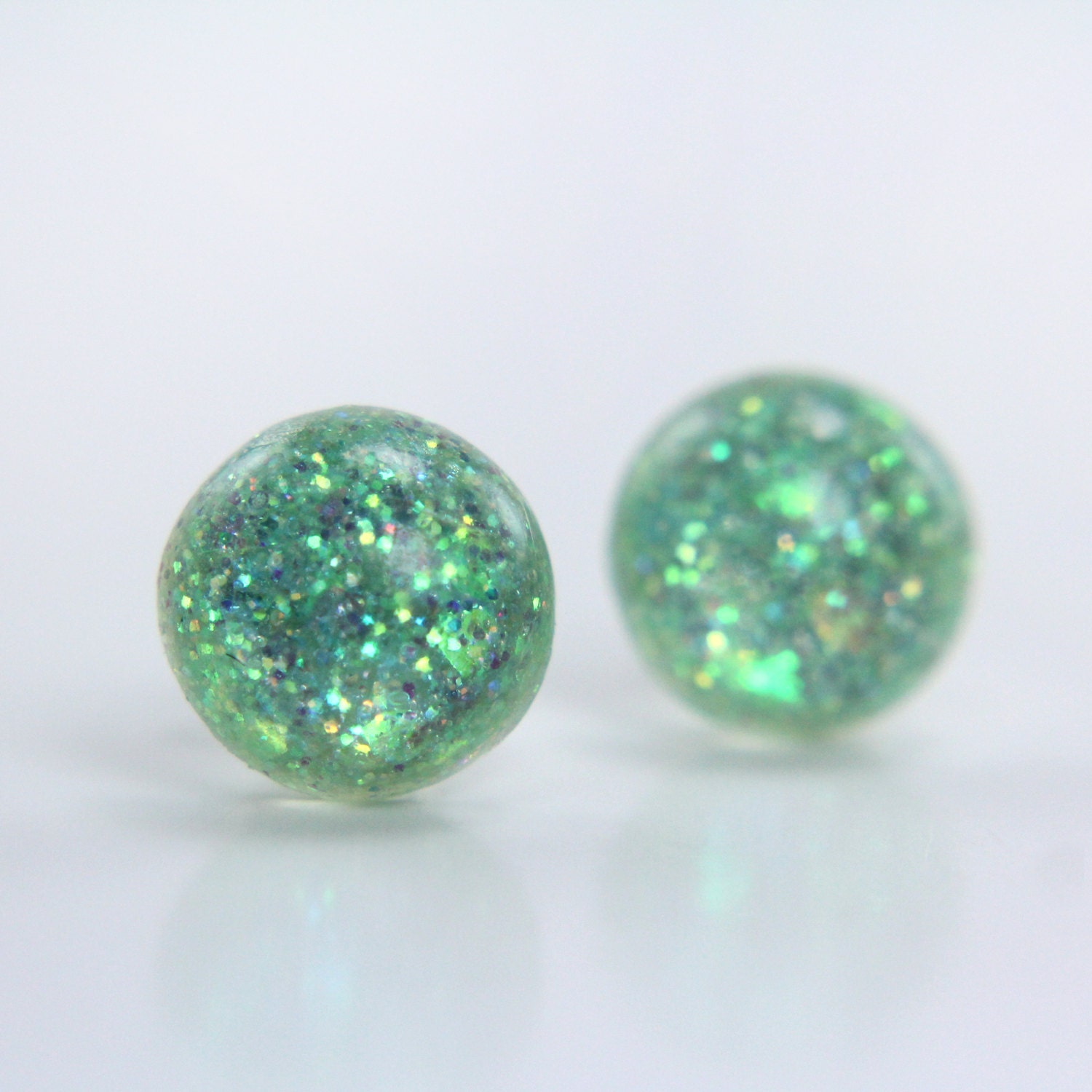 globe earrings in seafoam green sparkles - 8mm - galaxy sparkle stud earrings