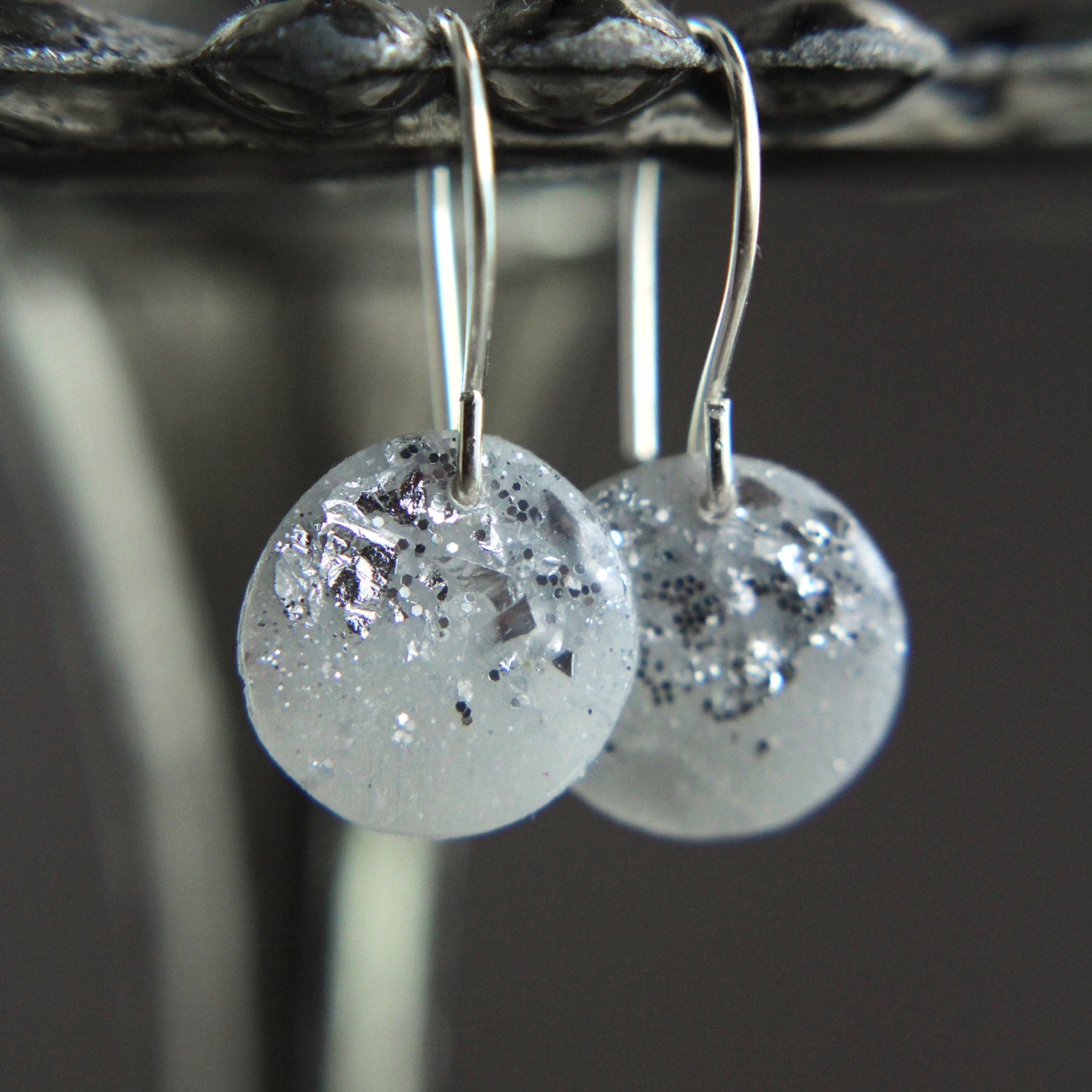 tiny white circle earrings with silver foil on silver earwires - silver drop earrings