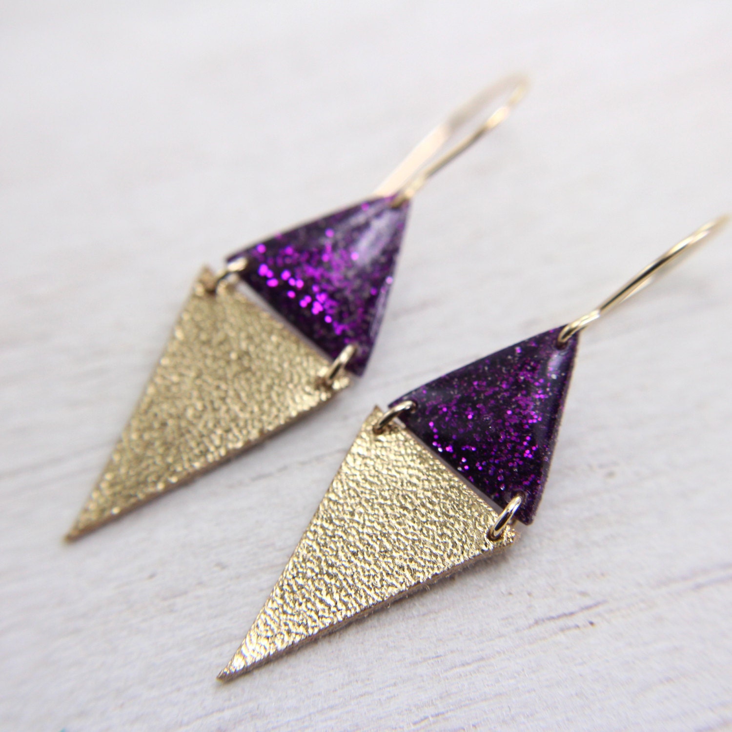 purple glitter and gold leather triangle earrings - color block earrings