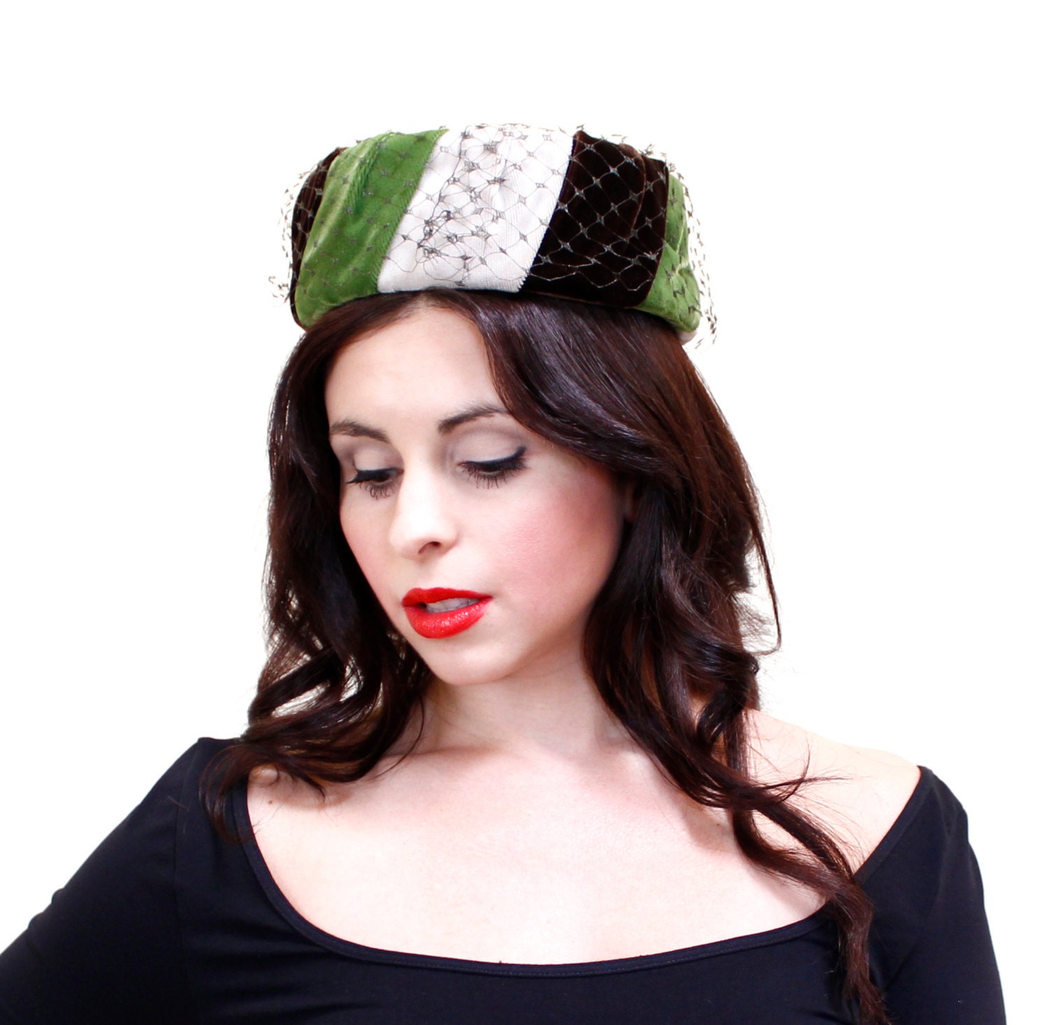 Vintage Pillbox Fascinator Hat - 1960s Green, Brown & Off White Velvet Veil Fashion Accessory / Tri Color Cap