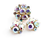 Vintage Rhinestone Brooch Lot - 3 Matching Gold Tone Hollywood Regency Costume Jewelry Pins / Aurora Borealis Clusters