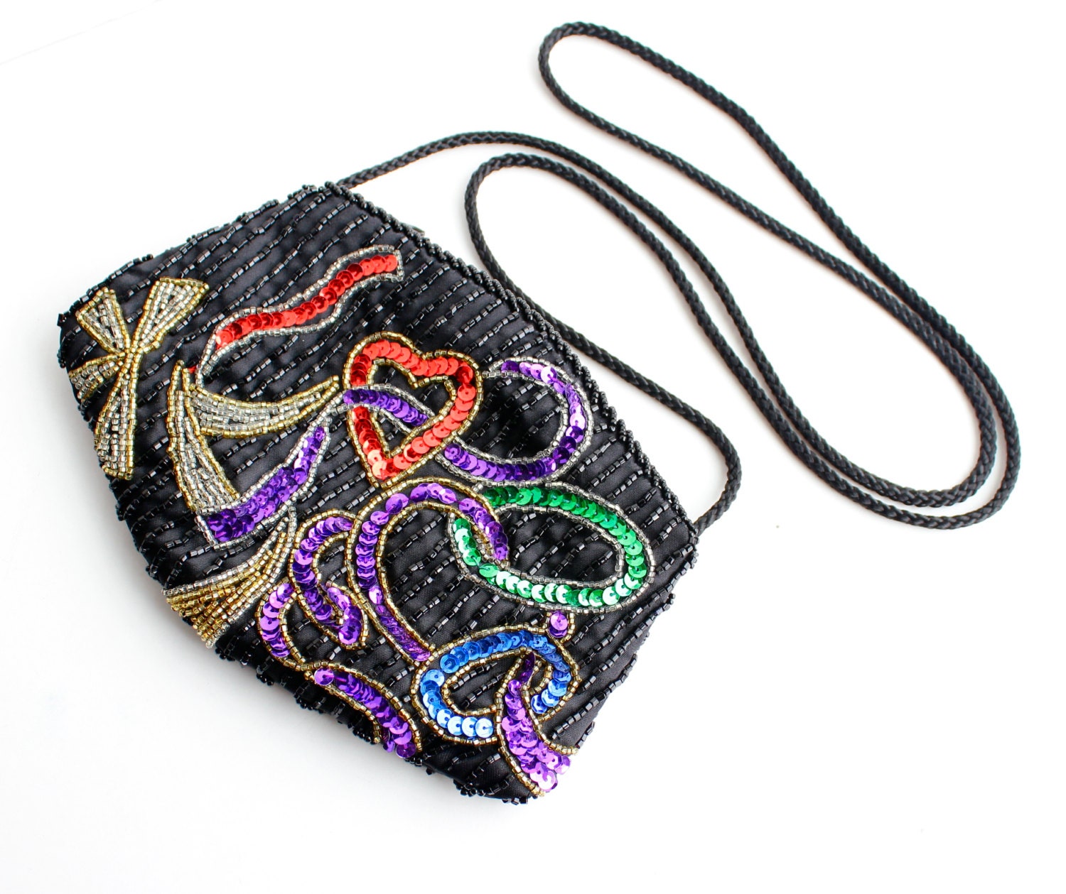 Vintage Black Sequin & Glass Beaded Bag - Retro Colorful Heart 1980s Across Body Purse / Compact Color