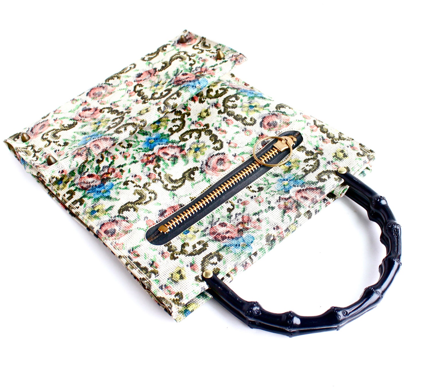 Vintage Large Flower Bag - Retro Mid Century Purse with Black Faux Bamboo Handle / Floral Vines