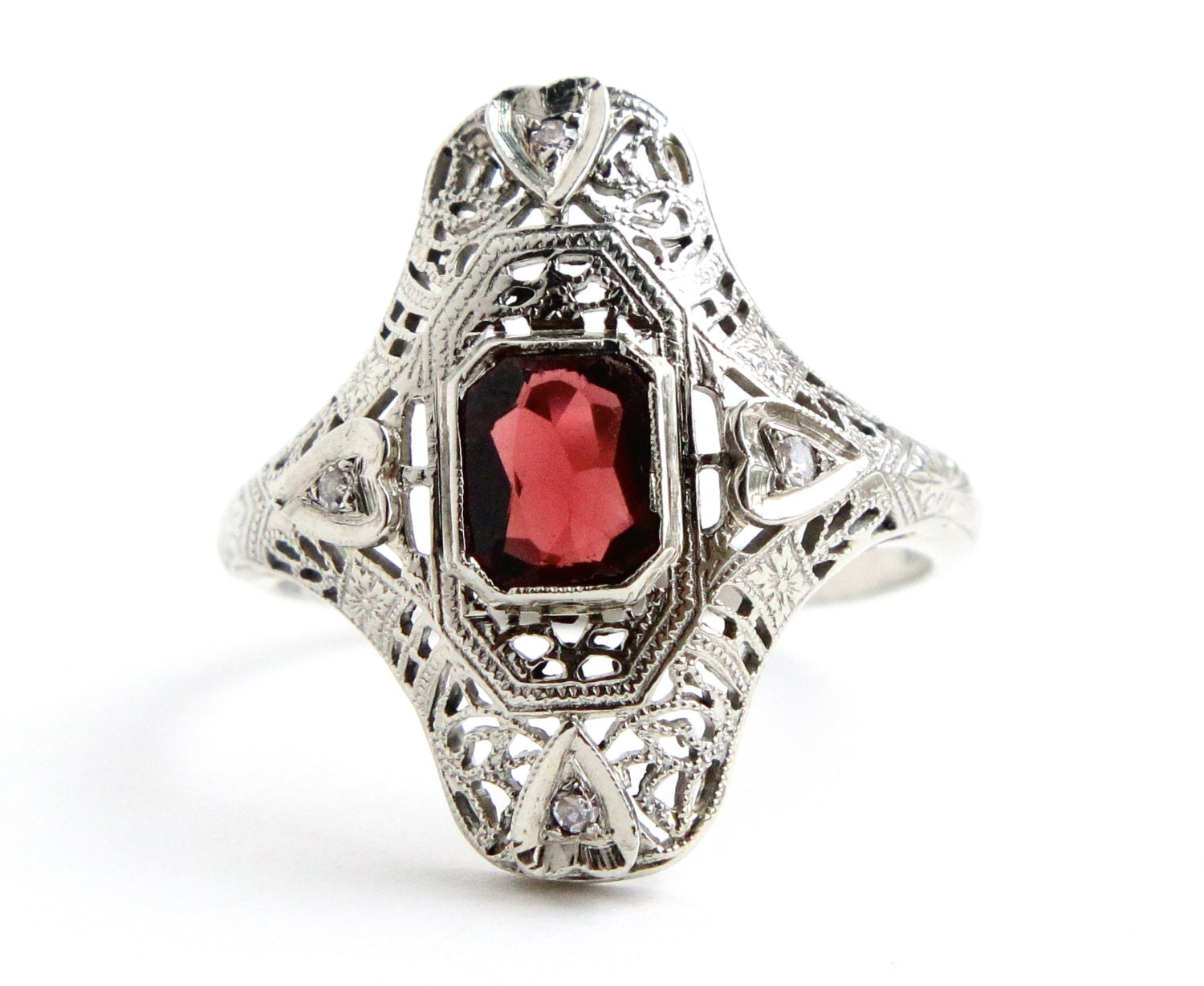 Antique 18K White Gold Diamond & Garnet Ring - Art Deco 1920s Engagement Filigree Fine Jewelry / Great Gatsby Red Shield