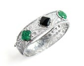Antique Art Deco Filigree Bracelet - 1930s Silver Tone Black & Green Stone Bangle Jewelry / Floral Filigree