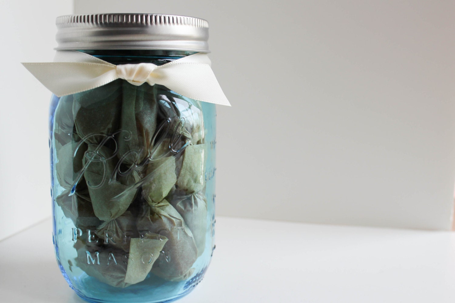 Limited Edition Father's Day Gift - Fleur de Sel Caramels - (1) 1/2 Pound of Caramels in a Vintage Style Blue Mason Jar