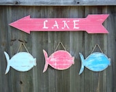 Set Of 3 Beachy Wooden Fish With Wooden Arrow Sign, Weathered Lake House Decor, YOU CHOOSE COLORS