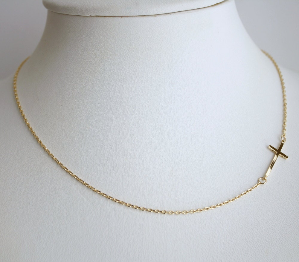 Pendant Necklace Gold Sideways Cross Necklace Off Center Everyday Jewelry