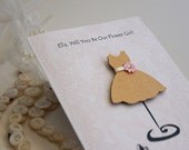 Customized FLOWER GIRL wedding party card, handmade paper goods shabby chic wedding invite, bridal bridesmaid gold dress paperdoll gown