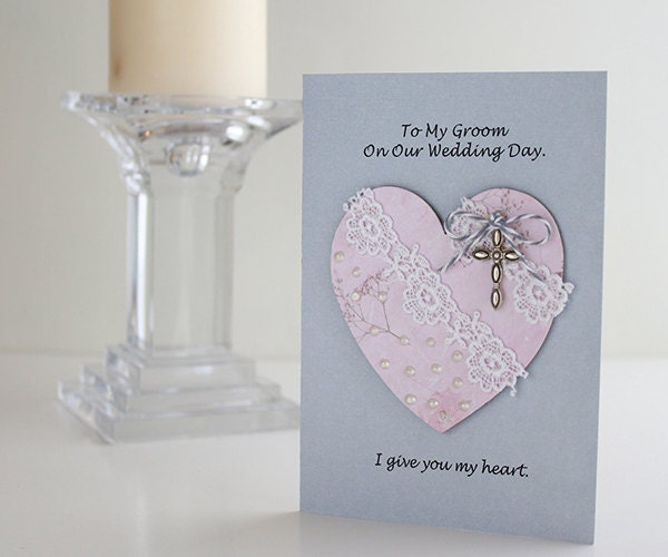 Wedding card, groom card, shabby chic wedding, weddings paper goods, heart card, religious card, bride to groom card, pink heart, handmade