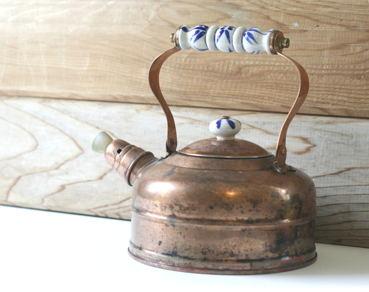 Vintage Douro Copper Tea Kettle with Blue and White Porcelain Handle