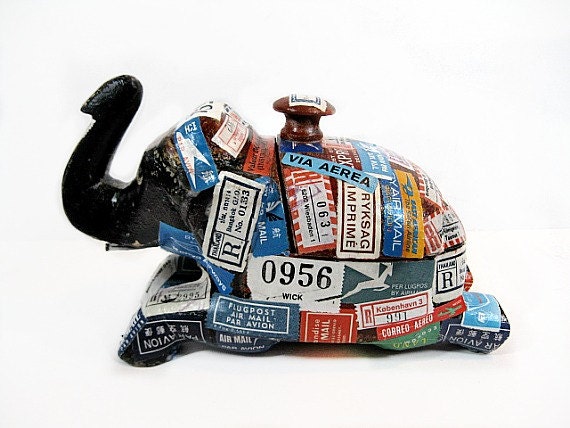 Wooden Elephant Box Decoupage International Mail Labels