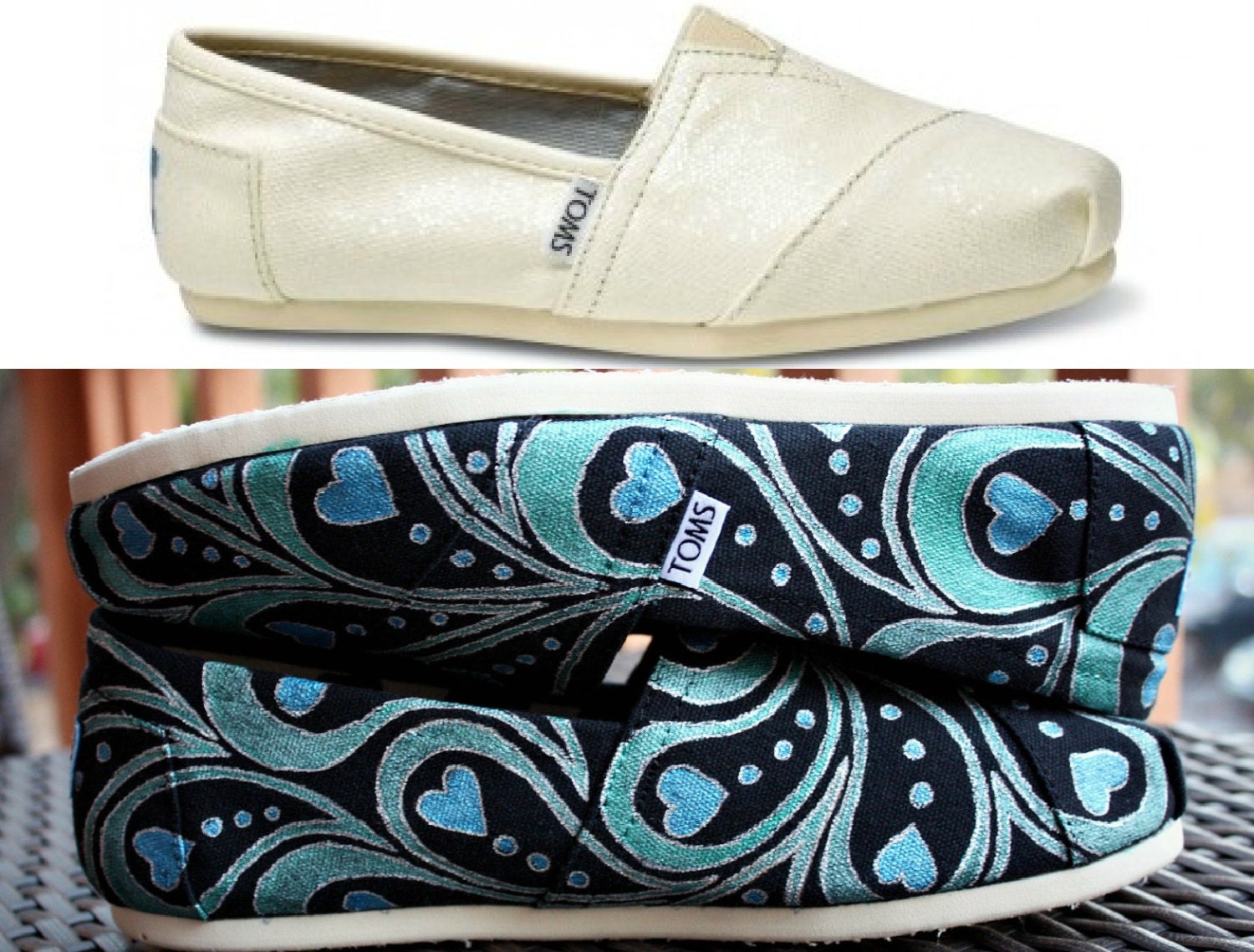 Womens - Cream Glitter - Blue Green Abstract Peacock Feather Custom Painted TOMS