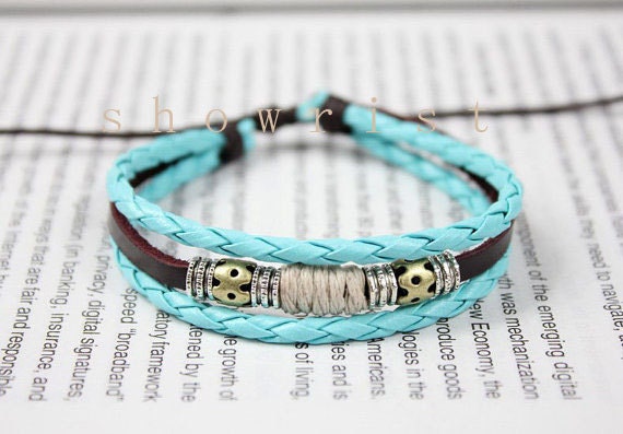Turquoise and brown leather charm bracelet TS157