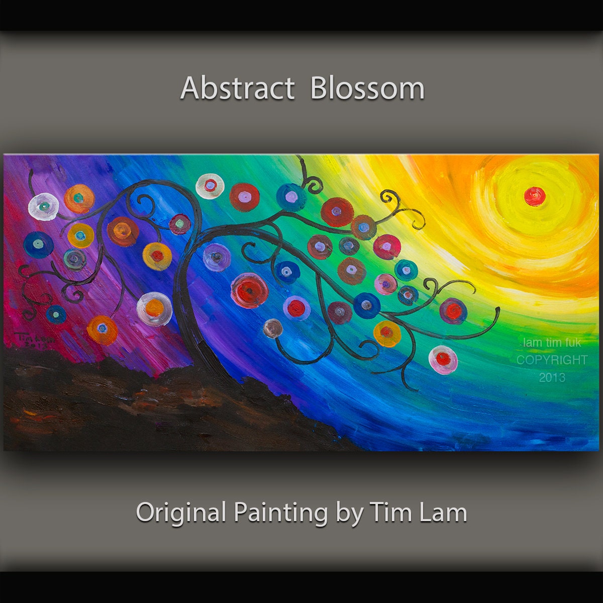 Original large surreal painting Fancy Blossom tree art Impasto  acrylic texture sunset landscape painting Modern deco by tim lam 48x24