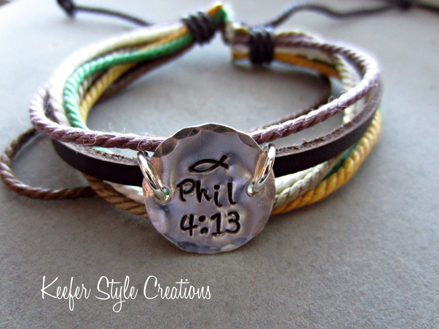 Hand Stamped Phil 4:13 leather corded bracelet