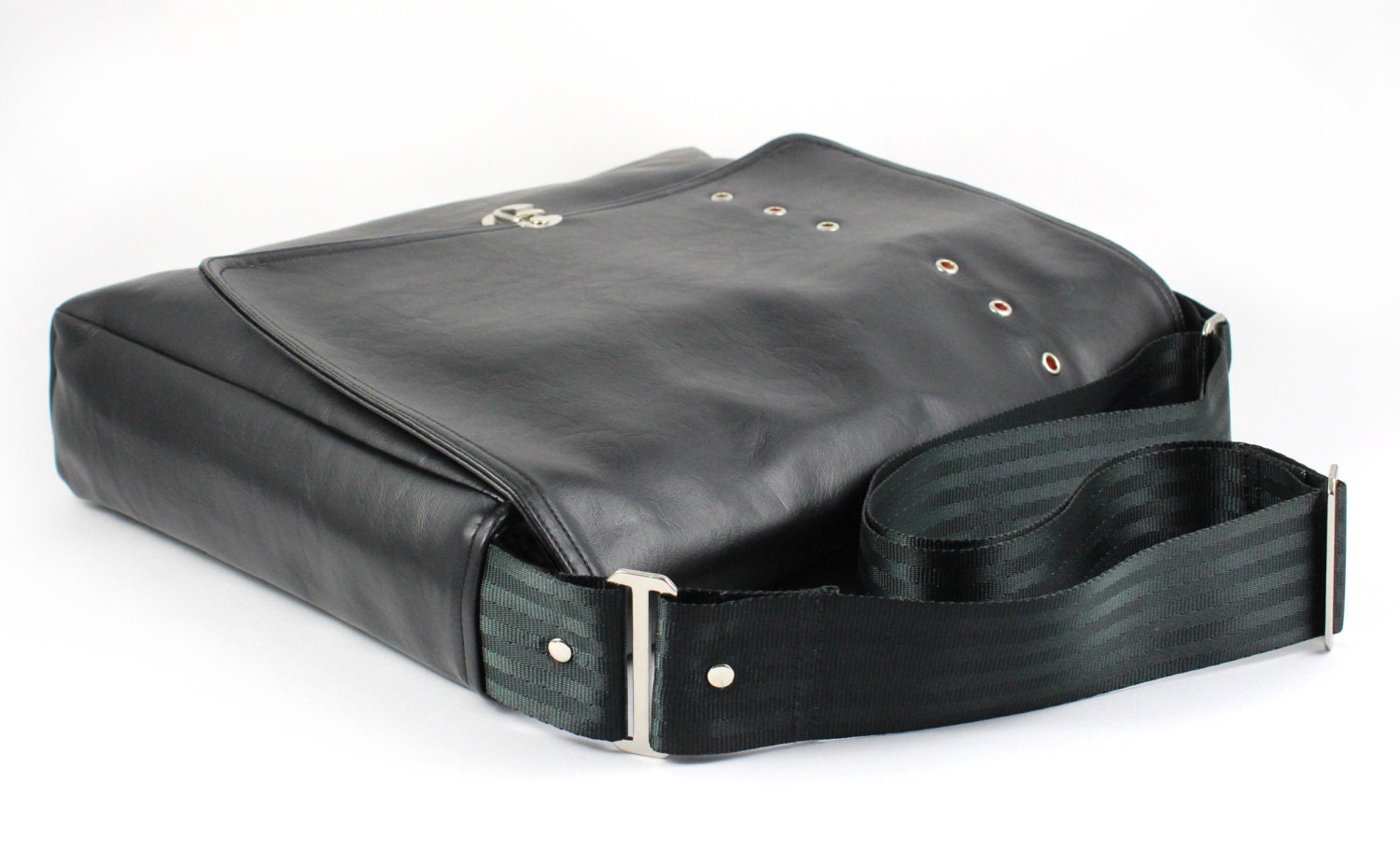 Men's large black vinyl messenger bag / satchel - red colorhide eyelets