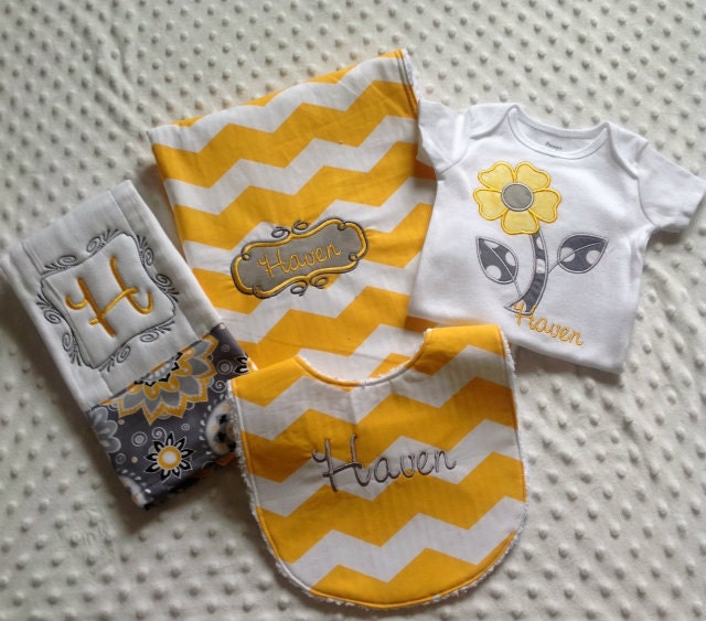 Baby Girl Personalized 4 Piece Gift Set  - Bib,Burp Cloth, Bodysuit, and Stroller Blanket-Yellow and Gray Chevron