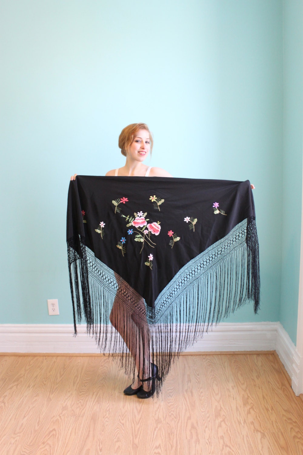 Vintage Fringed Shawl Black Piano Shawl Embroidered Flowers