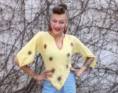 Sale Peasant Blouse 1970s Vintage 70s India Boho Cotton Dramatic Sleeves S M Yellow Gauze