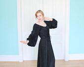 Sale Dress Gown 1970s Vintage 70s DESIGNER Black Rhinestones Full Sleeves M Medium   L Large Tall