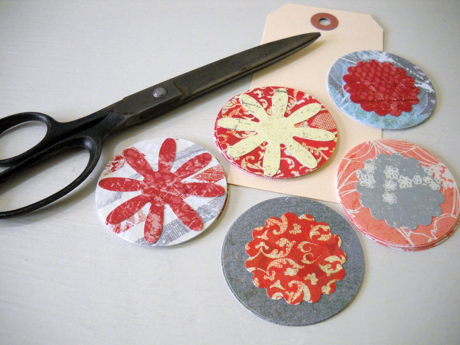 Distressed Red Cream and Gray Circle Die Cuts Qty 25