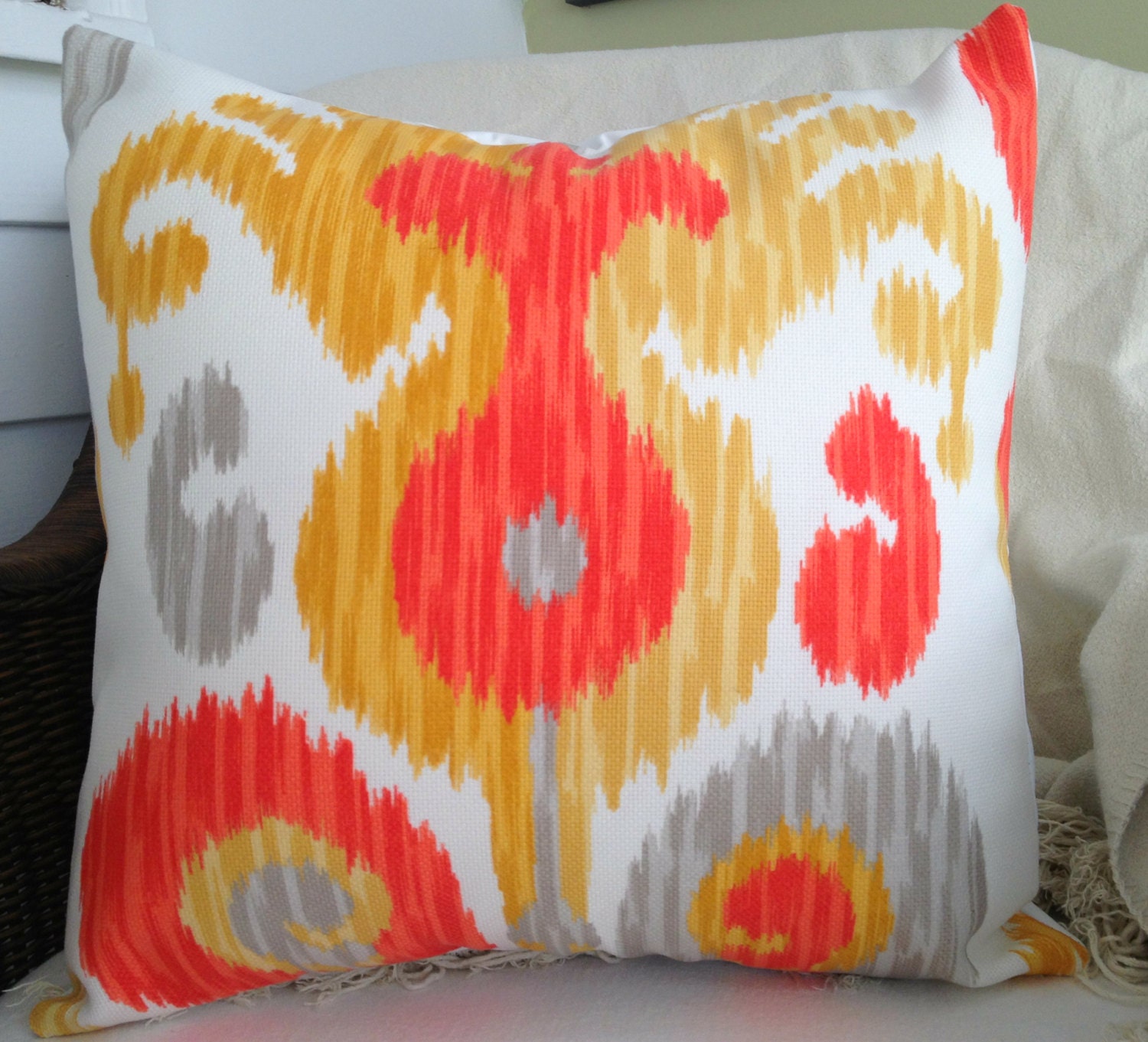 INDOOR OUTDOOR Decorative Pillow Cover - Ikat Print - Orange, Gray, Yellow - 18" Square
