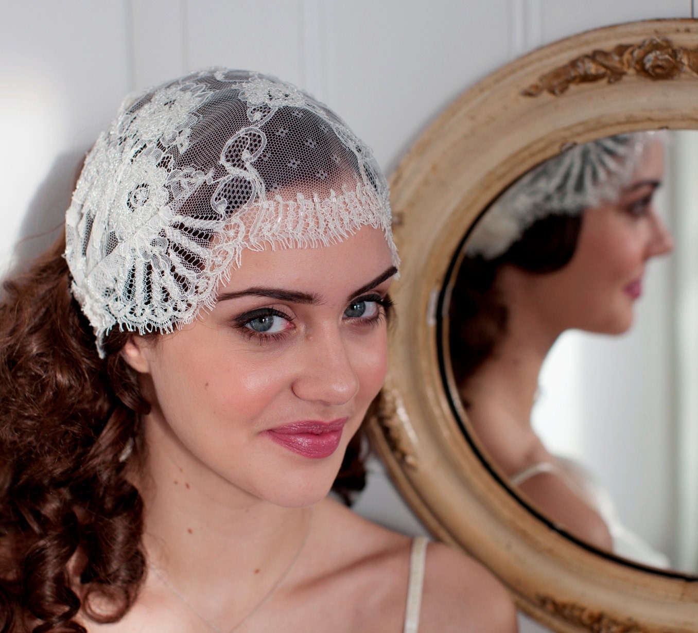 Juliet Cap in Beaded french lace, flapper or 1930s vintage Bride, alternative wedding veil