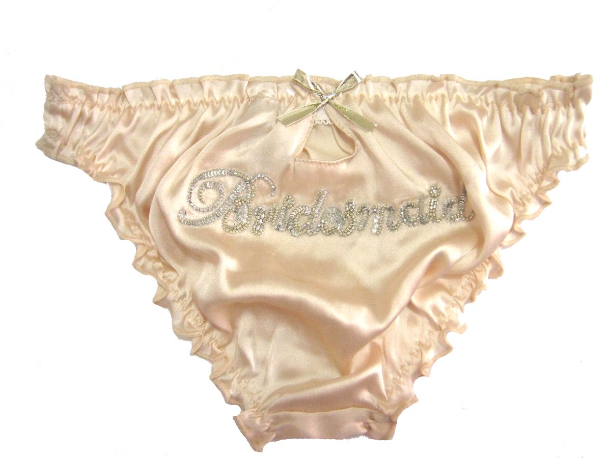 Sale, BRIDESMAID  Champagne Silk  Embroidery  Scrunchie Knicker with silver sequins - Personalized Wedding panties