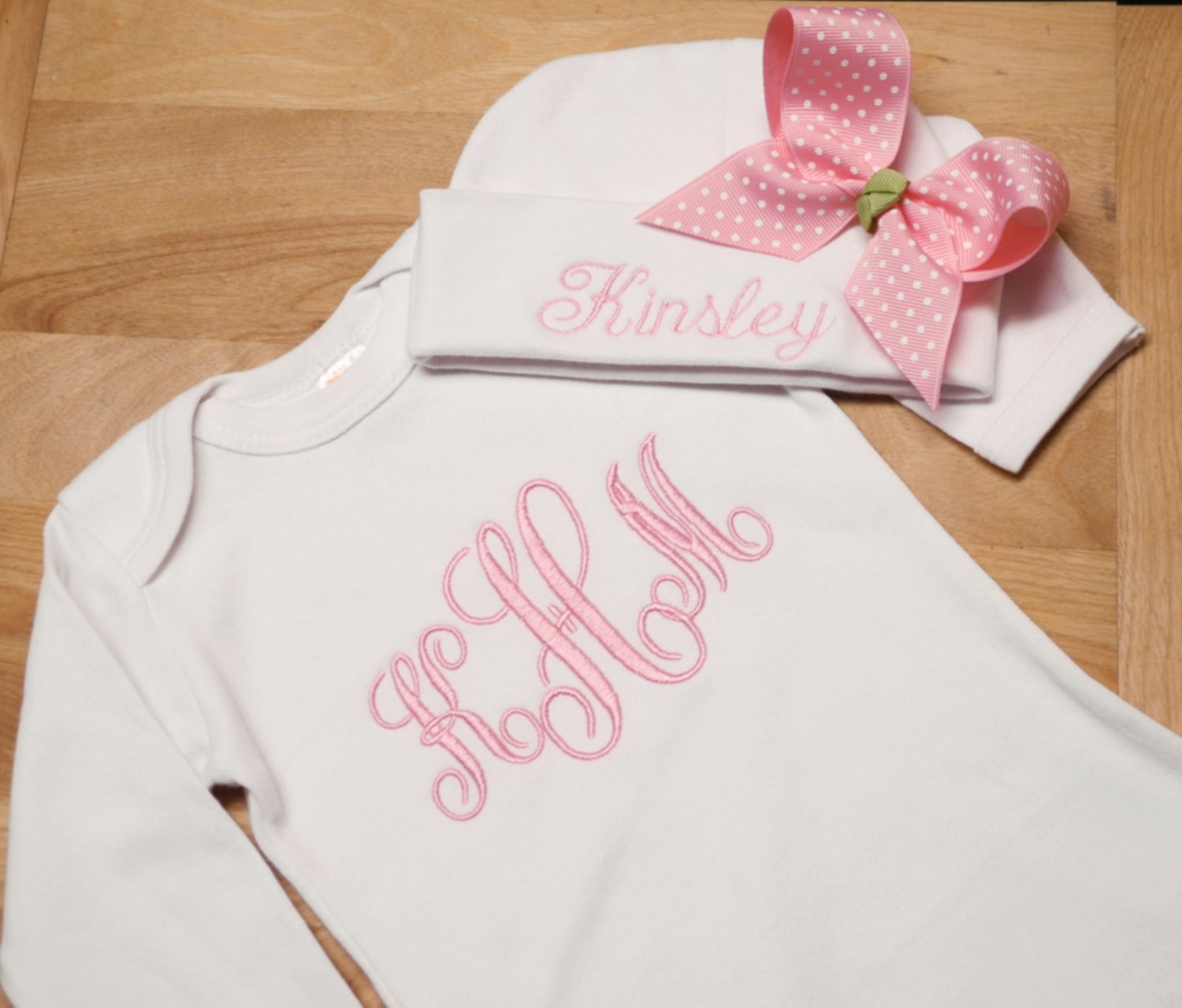 Pink Monogram on White Baby Gown and Hat with Large Pink Polka Dot Bow