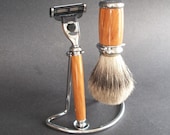 Shave Set, Razor Handle, Brush and Stand, Ironwood