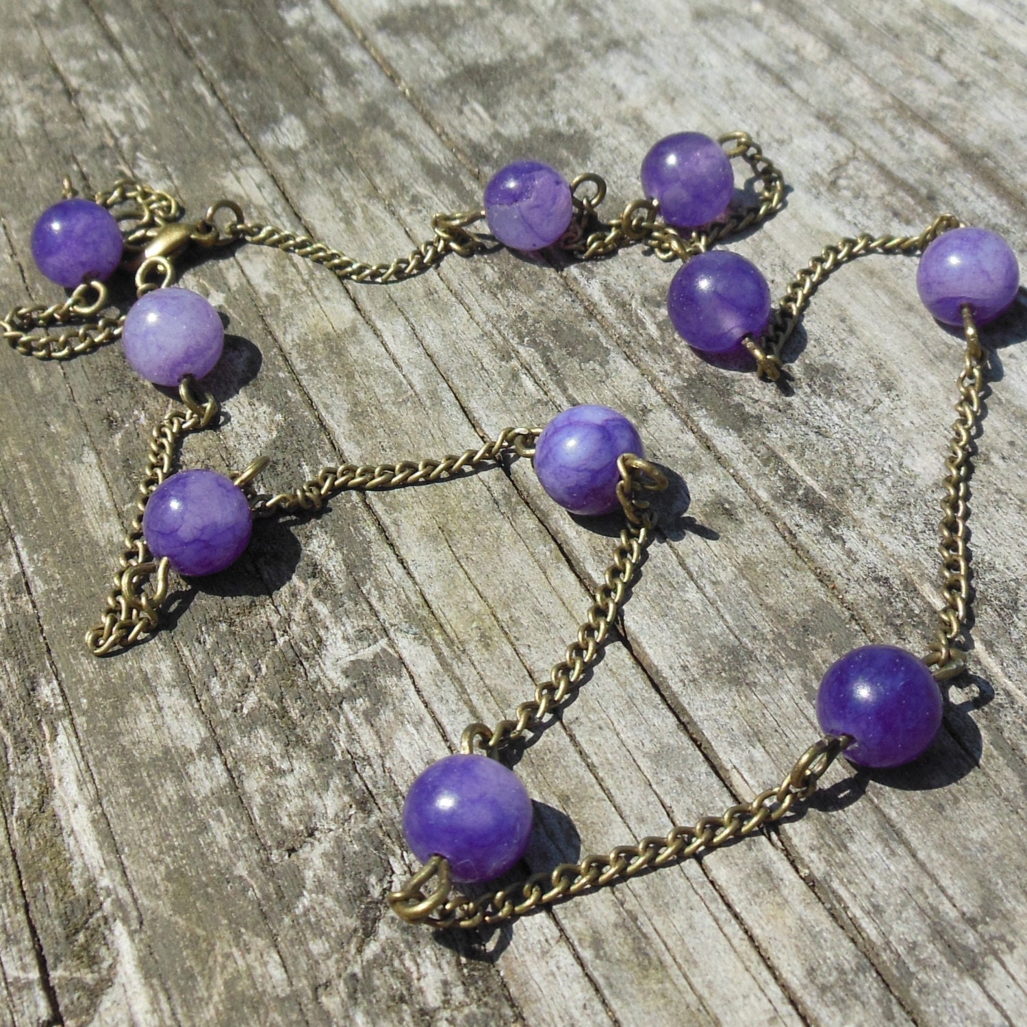 Think Positive Necklace - purple amethyst quartz stone - antique brass gold chain