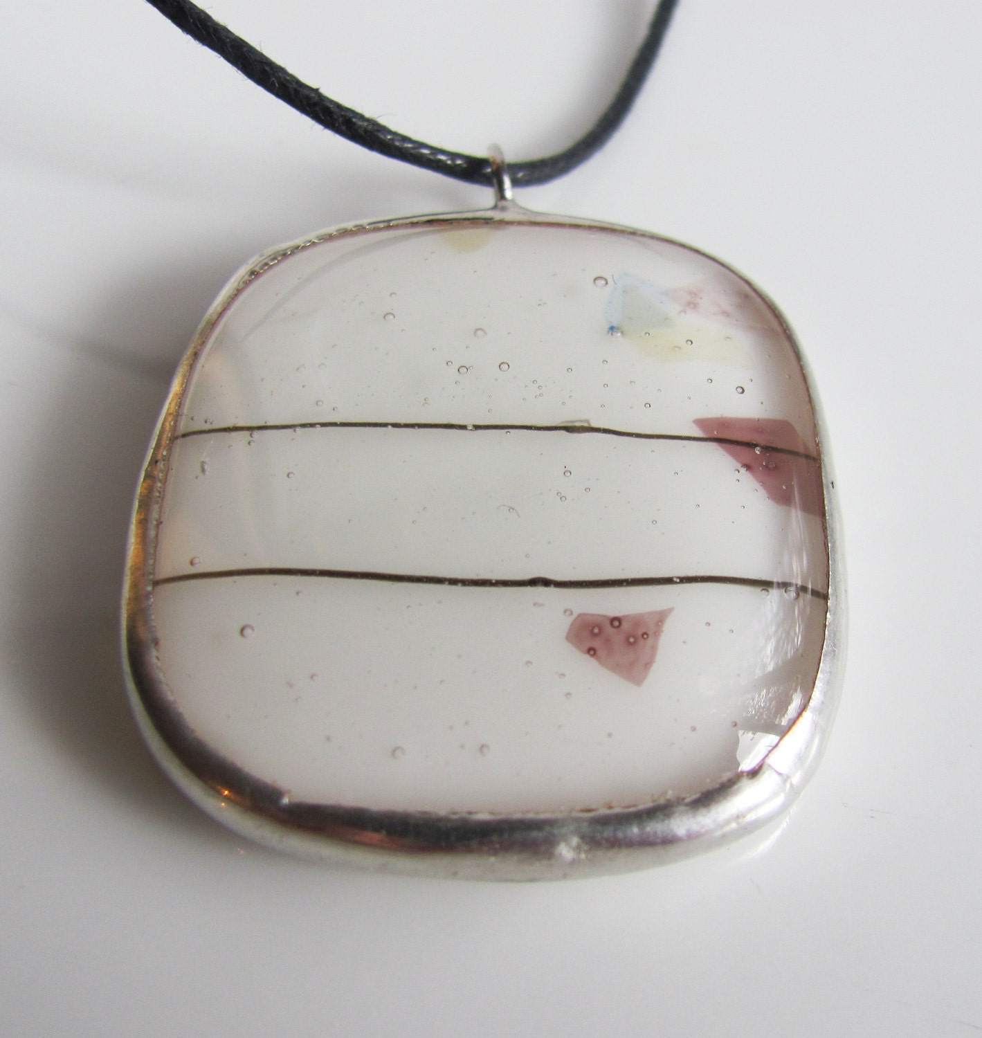 Mardi Gras White Confetti Fused OOAK Glass Pendant Necklace, Fused Glass Jewelry, Art Glass, Handmade Jewellery