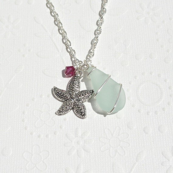 Seafoam Green Wire Wrapped Sea Glass Necklace with Starfish Charm and Swarovski Crystal