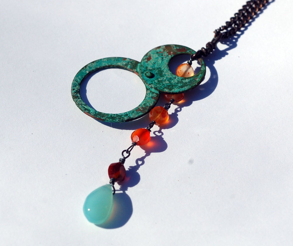 in the garden... teal patina rings with carnelian and chalcedony stone necklace