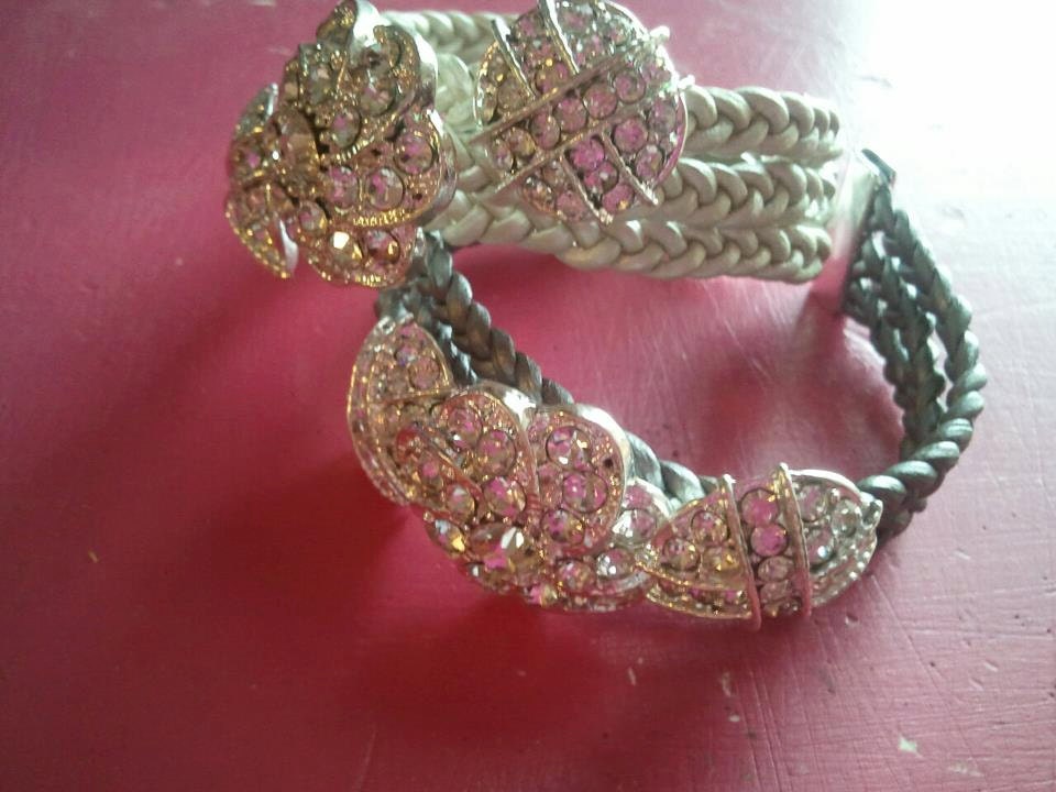 3 row braided leather cuff with 3 crystal buttons and crystal clasp