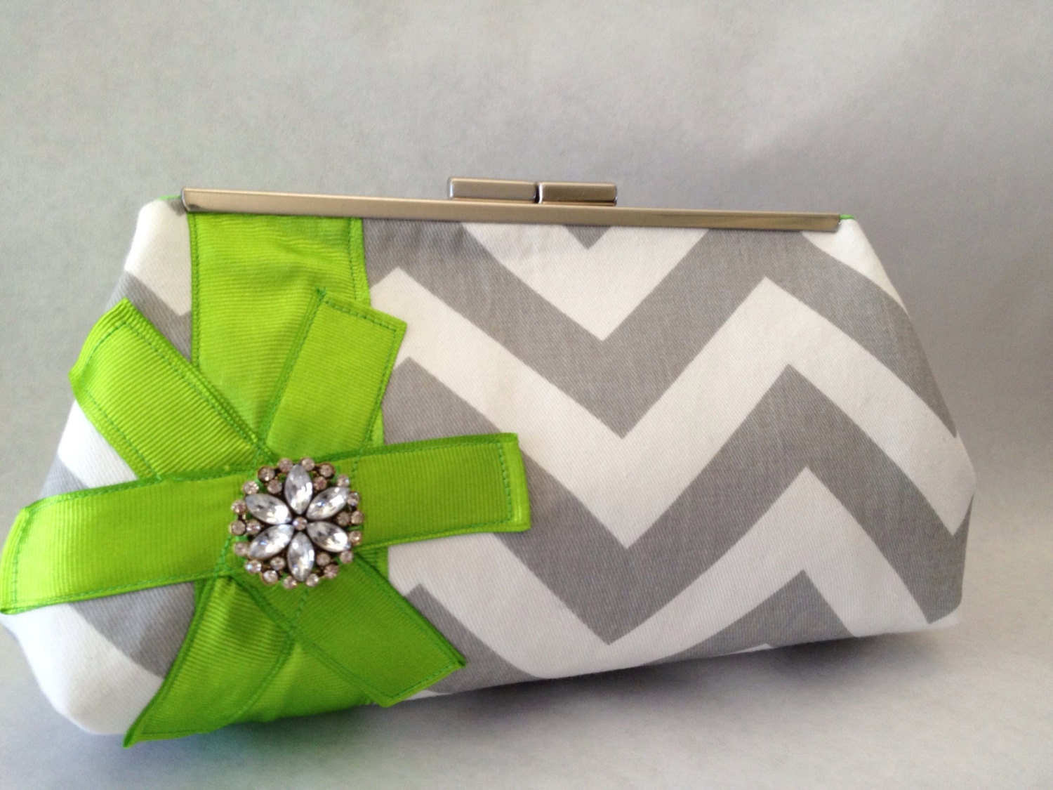 Frame Clutch, Chevron Gray and White Embellished