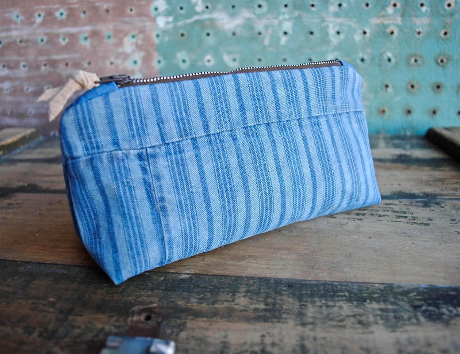 Nautical Zip Pouch w/ Vintage Suede Zipper Pull / Natural Indigo Dyed Vintage Ticking Fabric
