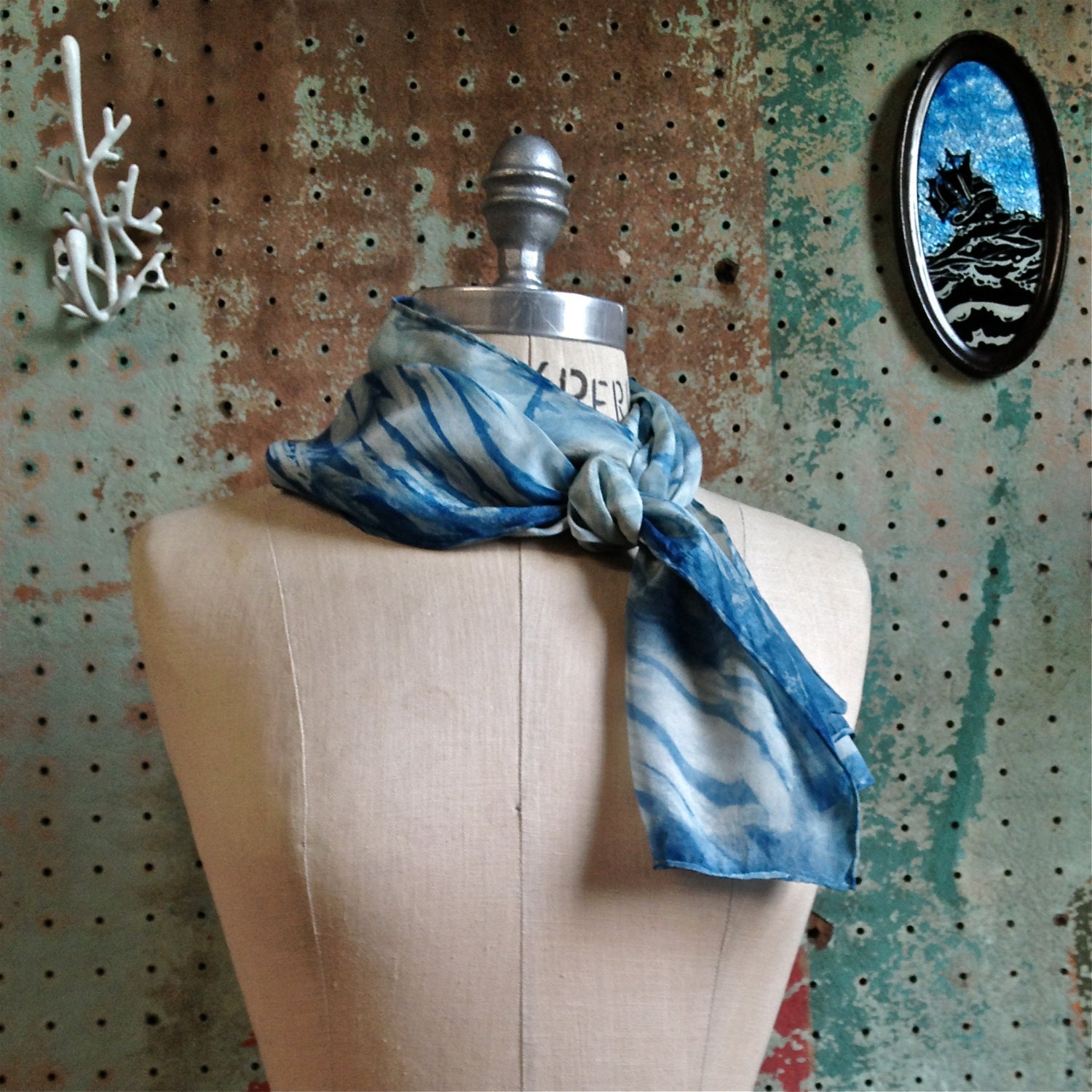 Natural Indigo Shibori Hand Dyed Silk Summer Scarf OOAK