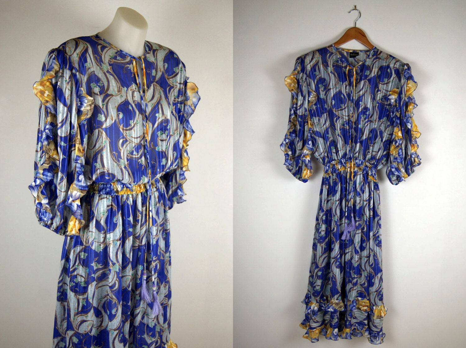 80s Ruffle Sheer Floral Dress Sz s