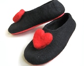 Valentines day Red  Color Sole Felted Wool Slipper Black with Red heart. Womens - WoolWalkerShop