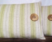 Pillow Cover 12x16 Woven Linen Fabric Celery Green Striped Fabric, Off White / Oatmeal Background.  Wood Button.