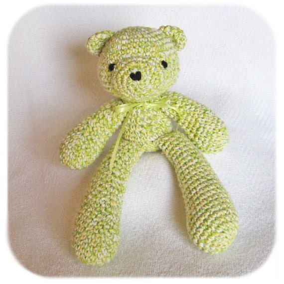 crochet teddy bear classic stuffed animal plush cotton yarn handmade in green yellow and creme