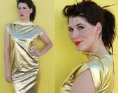 30% OFF. 1950's. gold. shift dress. cowl neck. vintage dress. Sz m/l.