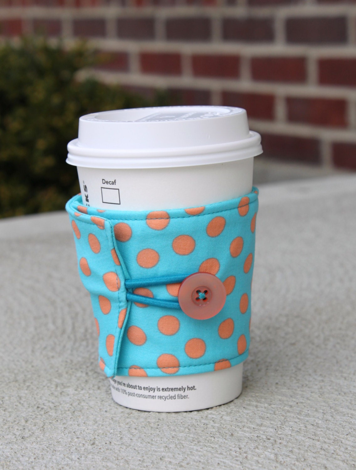 Coffee Cozy / Reusable Coffee Cup Sleeve - Teal and Melon Polka Dots - Turquoise Spots by Kaffe Fassett