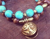 BE HAPPY-Set of 2 Stretch stackable beaded bracelets in Turquoise,Brown and Brass Boho chic Indie Yoga bracelet Bohemian Gypsy Hippie