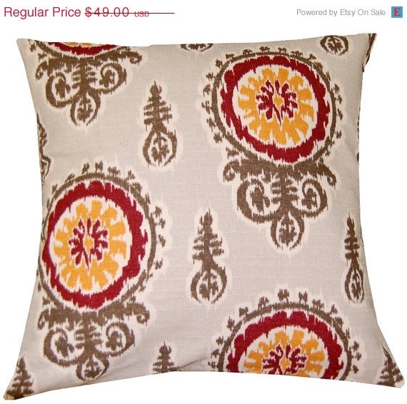 Spring Sale- Pillow Cover  Medallion Ikat Scarlet and Gold 20x20