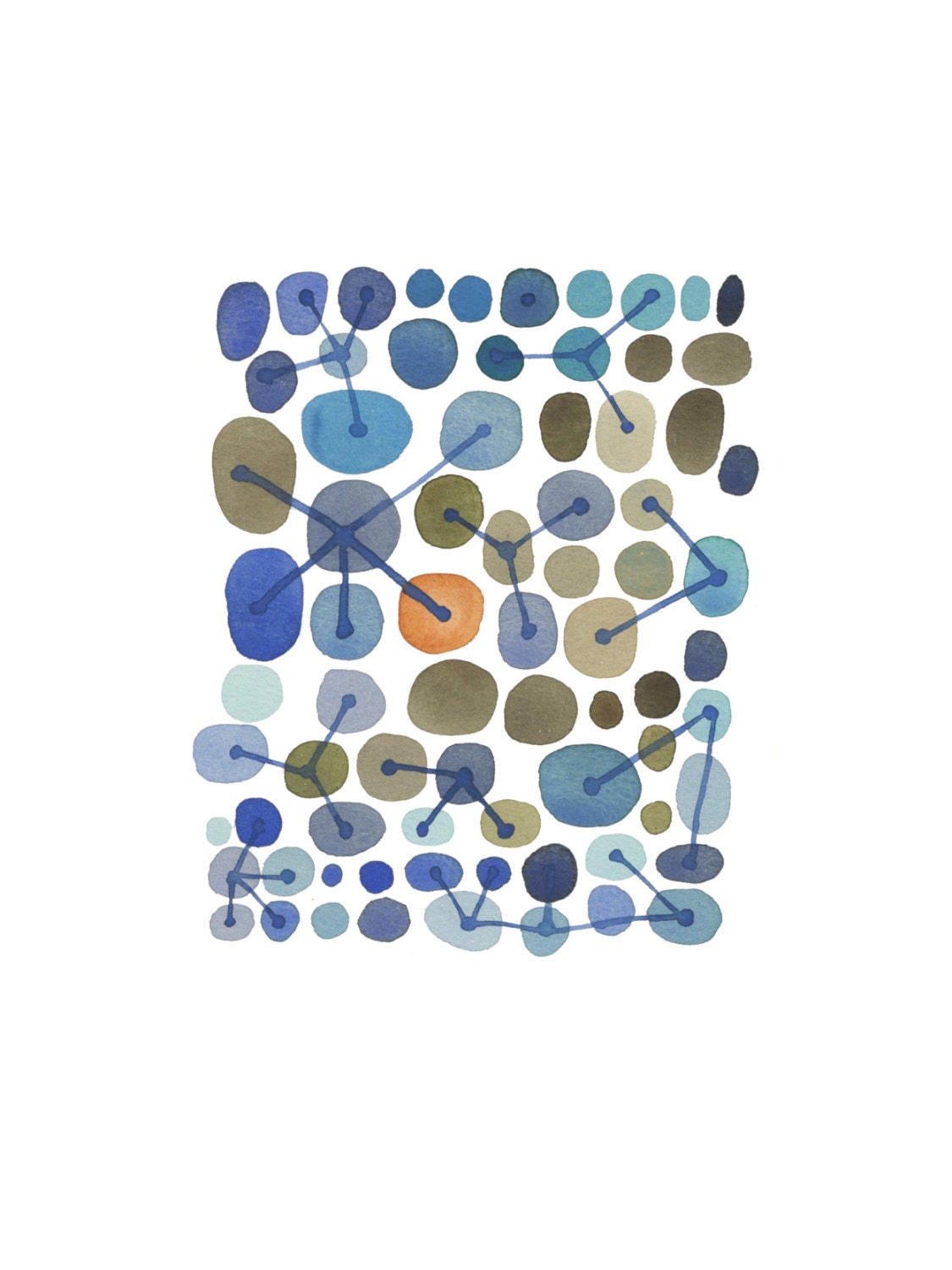 Connections - Original watercolor painting - blue dots connected by geometric lines - abstract painting fpcteam