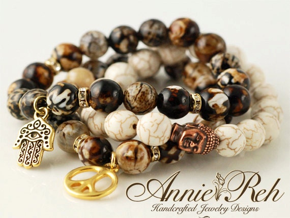 Gold Peace Bracelet, Gold Hamsa, Stretch Bracelet, Agate & White Turquoise Bracelet, Celebrity Style Bracelet, Beaded Stretch Bracelet