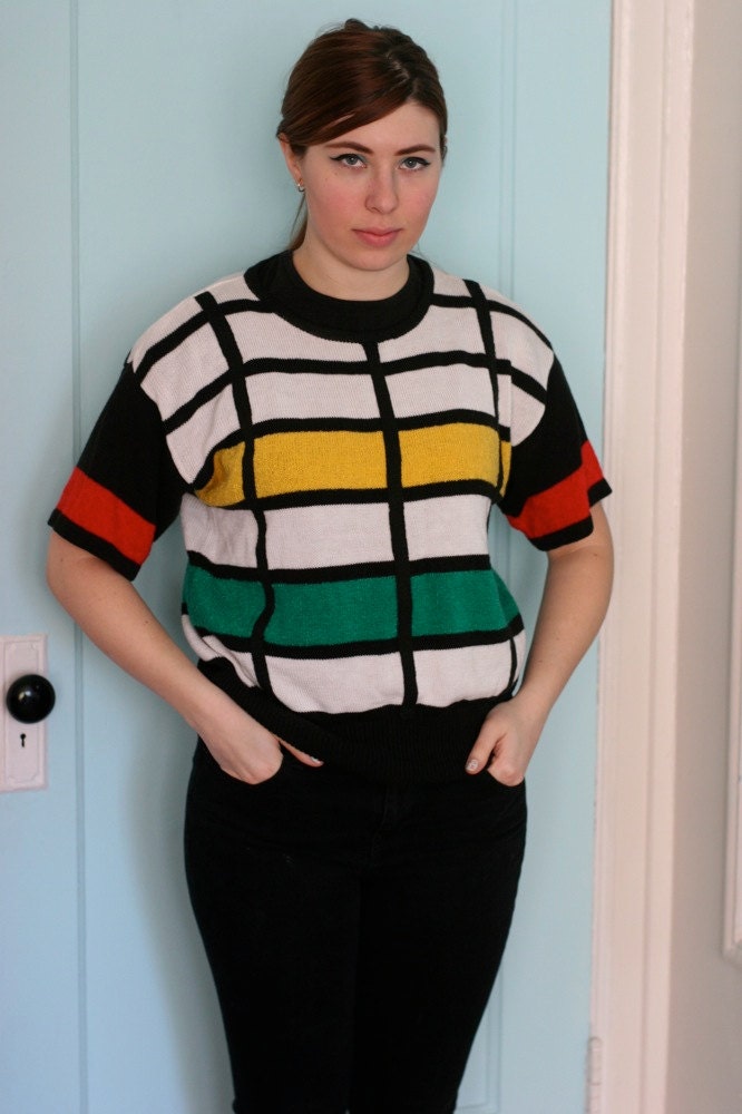80's MONDRIAN short sleeve sweater L